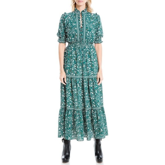 Max Studio | Dresses | New Max Studio Xs Ruffle Collar Print Tiered Maxi  Long Dress Short Sleeve Green | Poshmark
